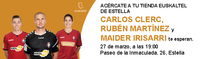 Rubén Martínez, Carlos Clerc y Maider Irisarri en la tienda Euskaltel de Estella